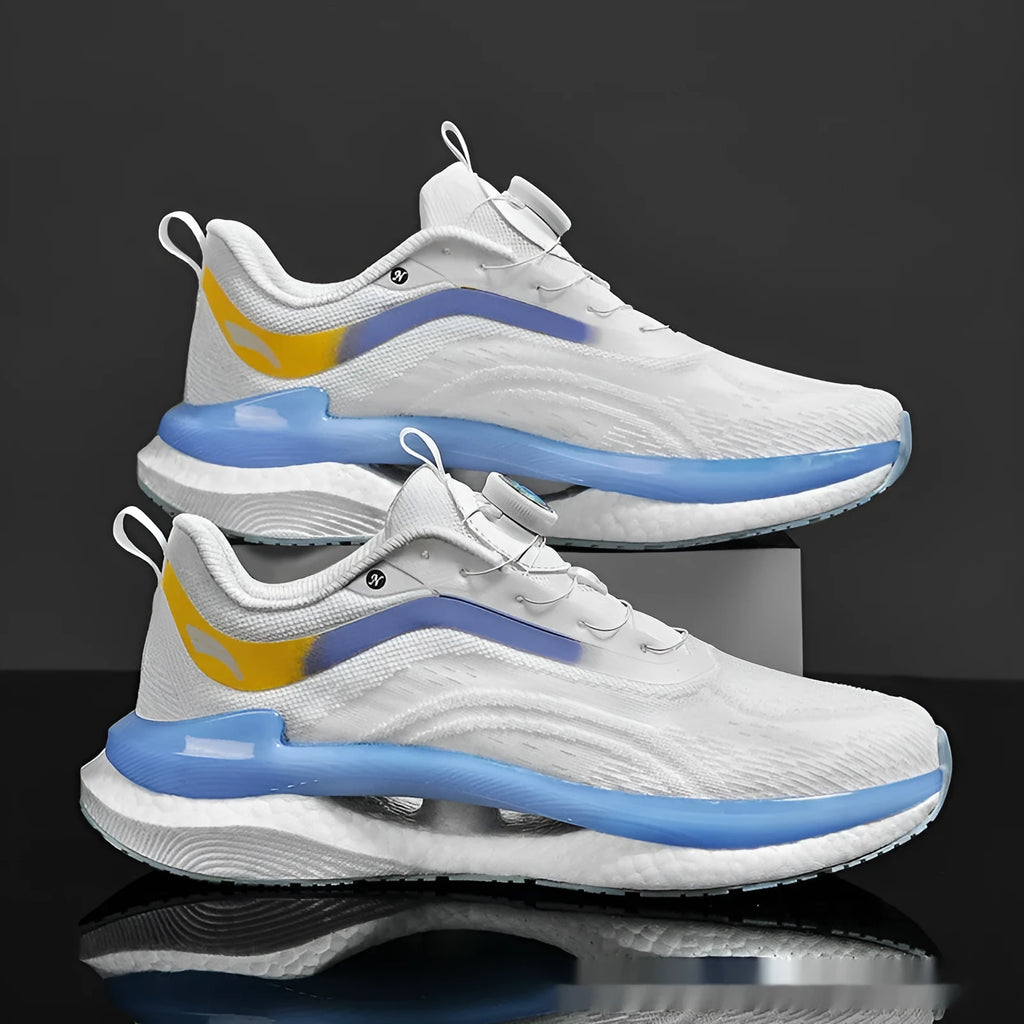 Men's high-top running shoes with mesh upper in cotton candy colour showing buckle closure and composite sole