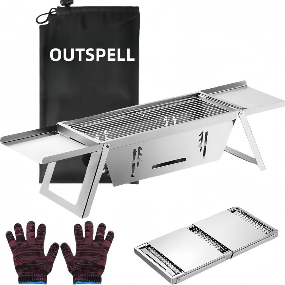 Small foldable portable charcoal grill with 34cm circular cooking surface collapsed for compact storage