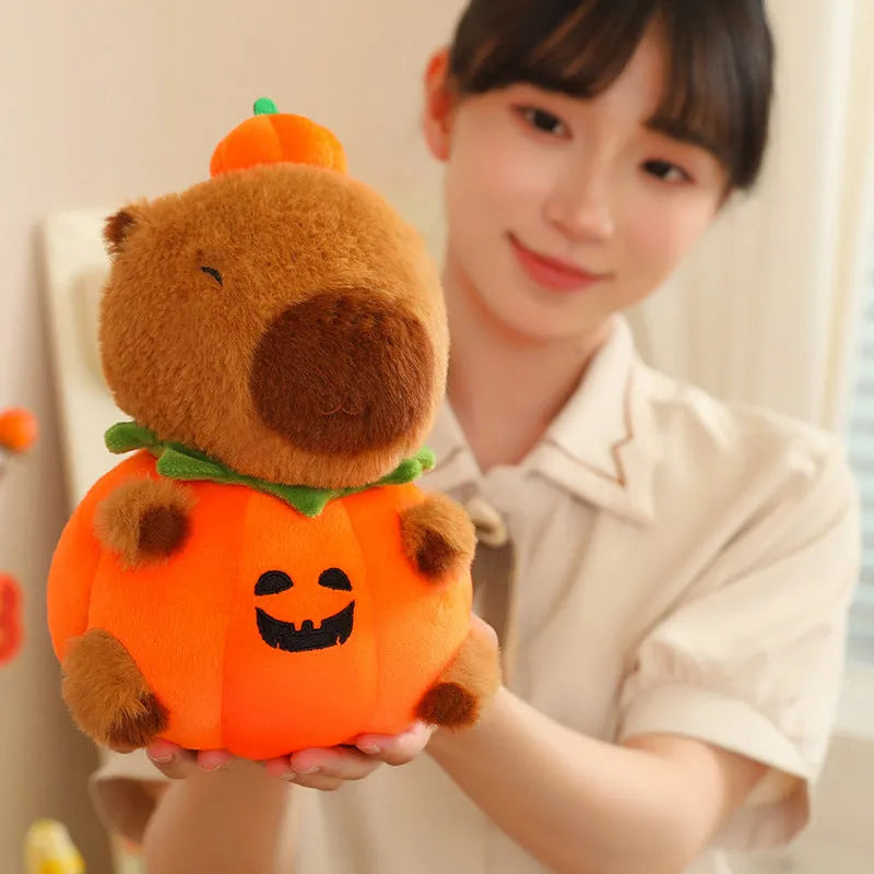 Cute Cappie Baran Melon capybara plush toy in pumpkin colour on a plain background