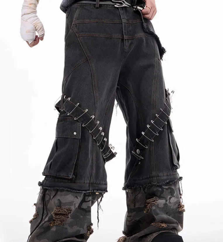 Men's grey camouflage jeans with splicing construction and pin ribbon details