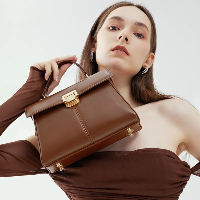 Women's genuine leather shoulder bag in horizontal square design with cover opening