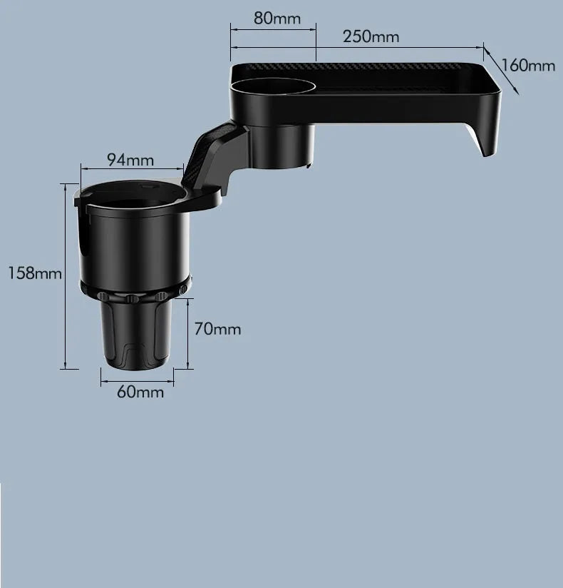 Black ABS plastic car cup holder dinner tray shown rotating, with plate secured.