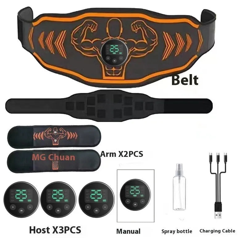 EMS smart massage belt fitness equipment in blue and orange colours with rechargeable host unit