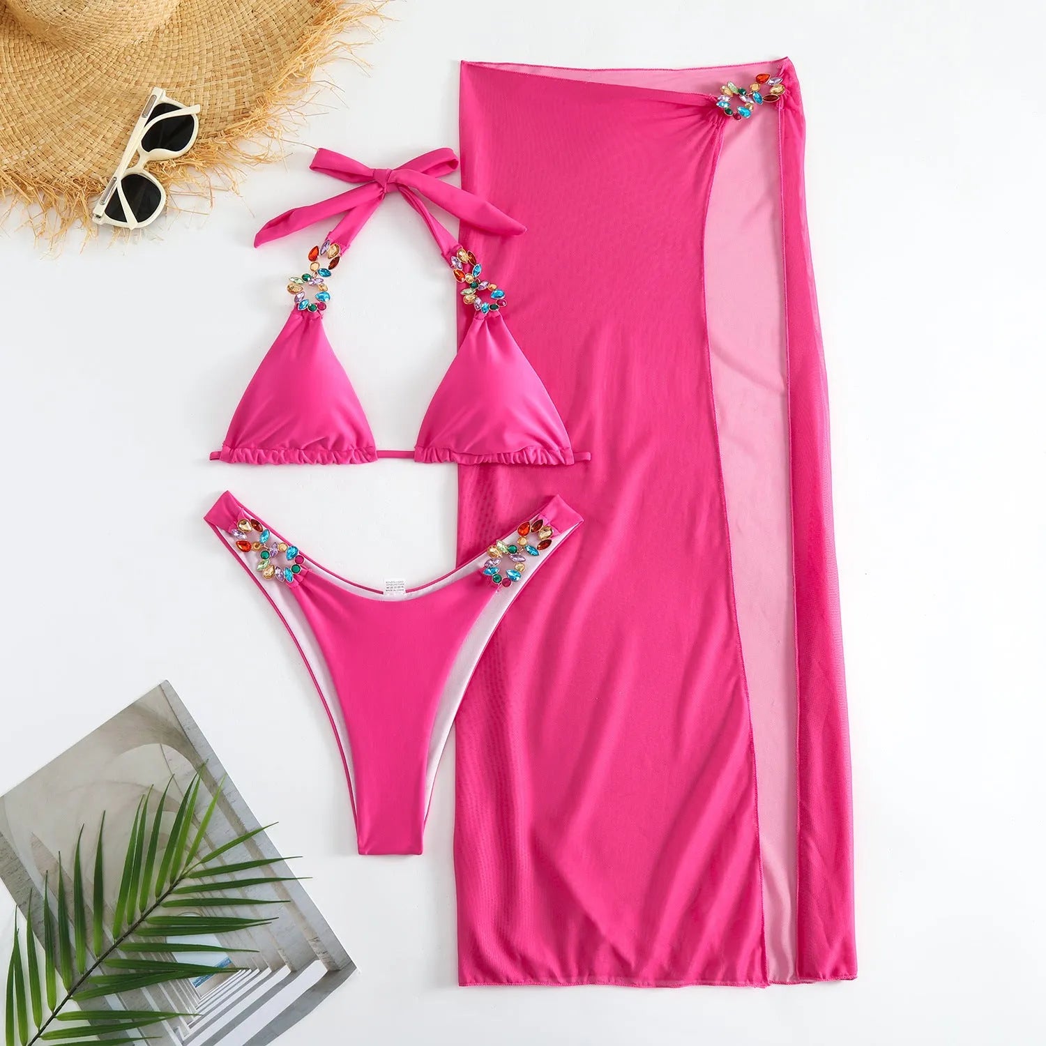 Women's three piece swimsuit bikini set with long mesh skirt in solid rose red or yellow colour