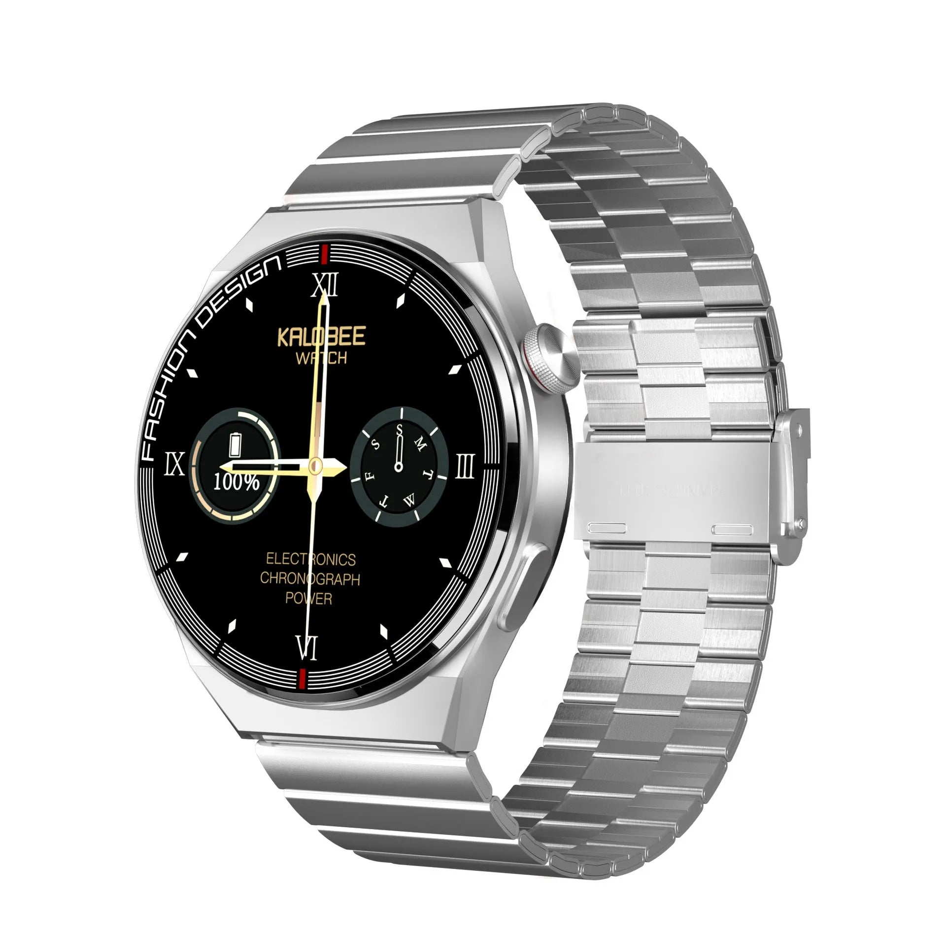 Black Bluetooth smartwatch with heart rate monitoring on silicone strap showing 1.28-inch screen
