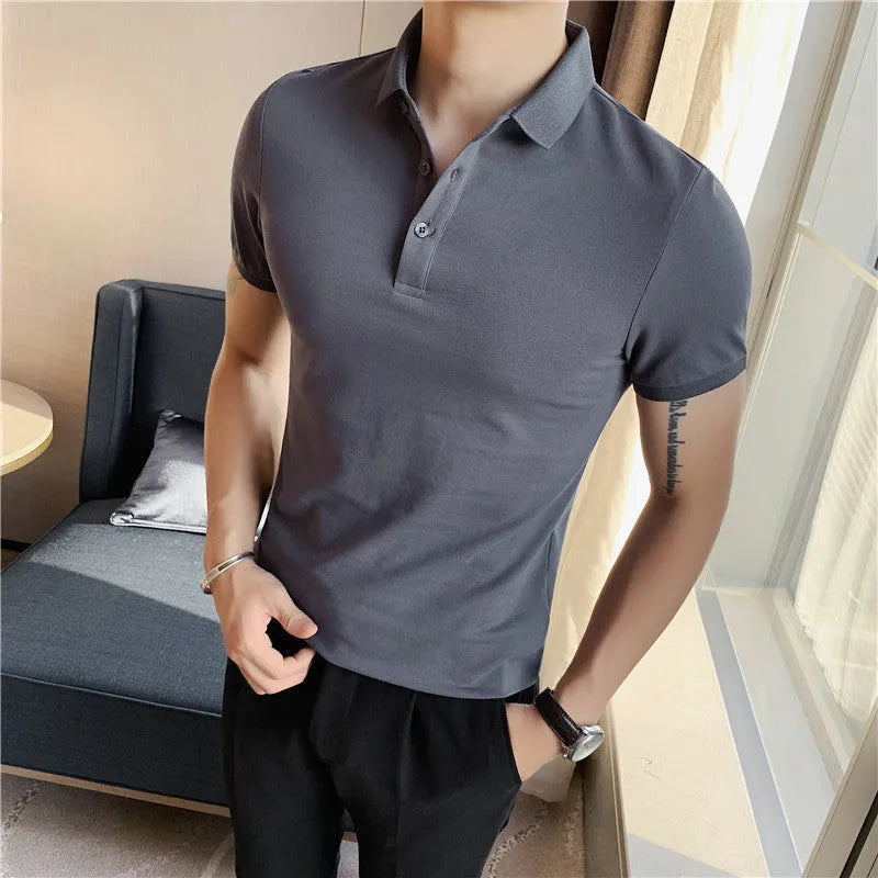 Solid colour cotton blend polo shirt with lapel collar and short sleeves in tight Korean fit.