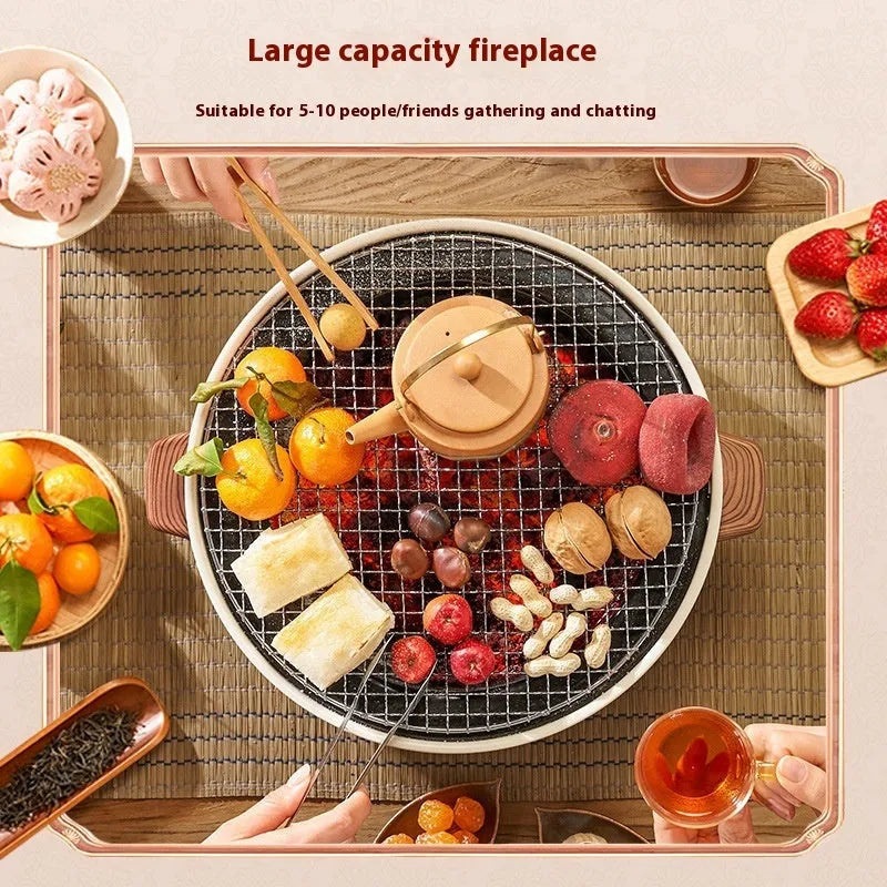 Portable charcoal tea stove with removable grill rack disk for indoor baking