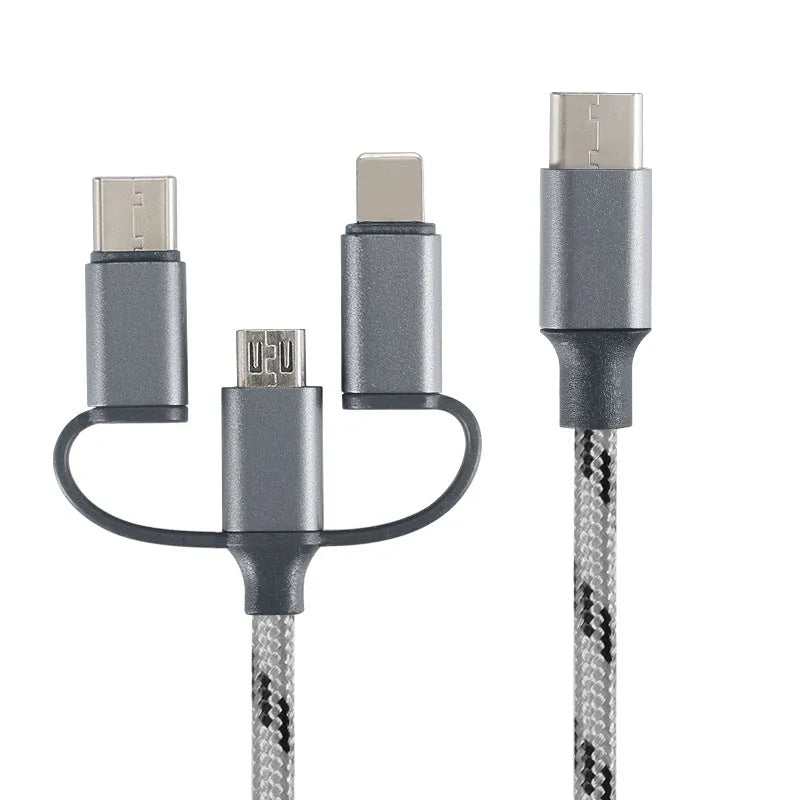 Three-in-one data cable with multiple connectors including Type-C and Micro USB, 1m length, grey colour