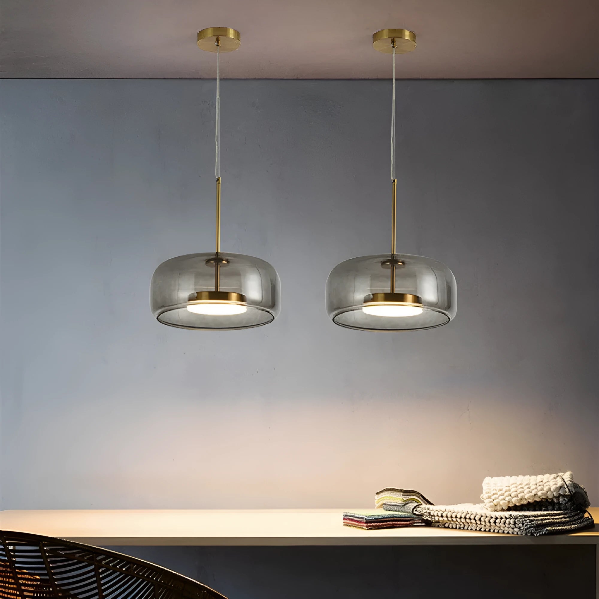 Glass ceiling chandelier with LED warm light in Cognac finish for living room or bedroom, 5-10sqm coverage area