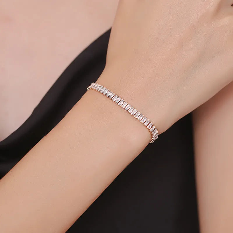 Rectangular brass women's bracelet with full diamond zircon inlay in champagne gold colour