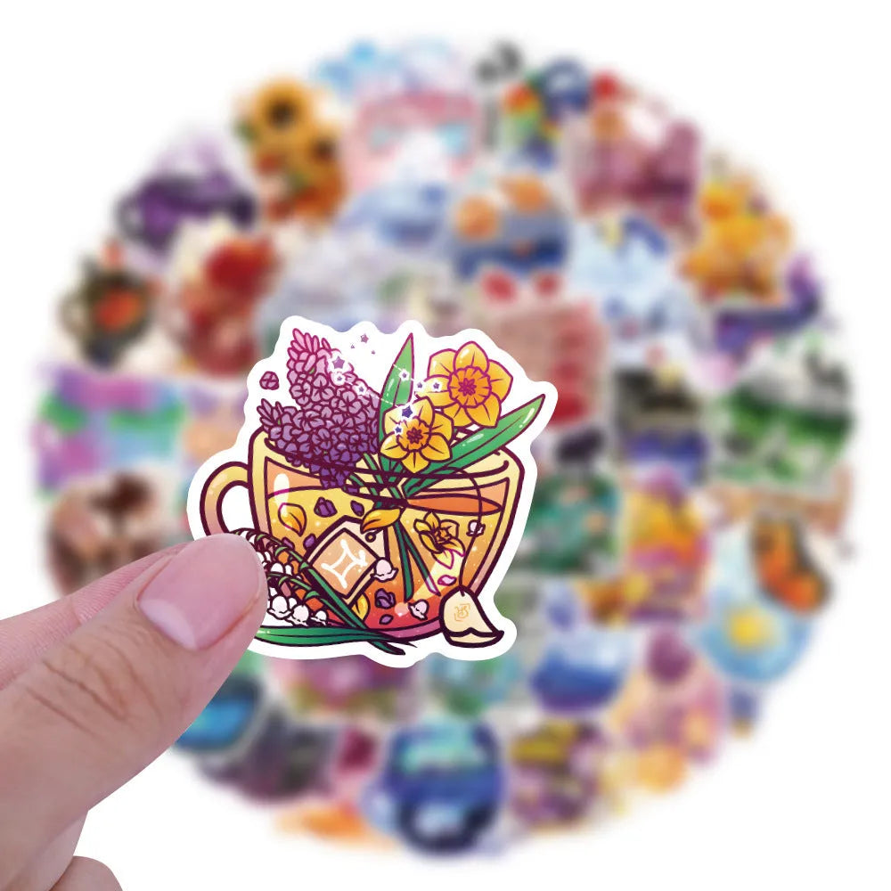 Colourful tea cup graffiti design stickers on scooter and luggage, 50 piece waterproof vinyl pack