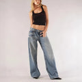Cotton loose wide leg mop trousers with splicing stitching design in blue colour