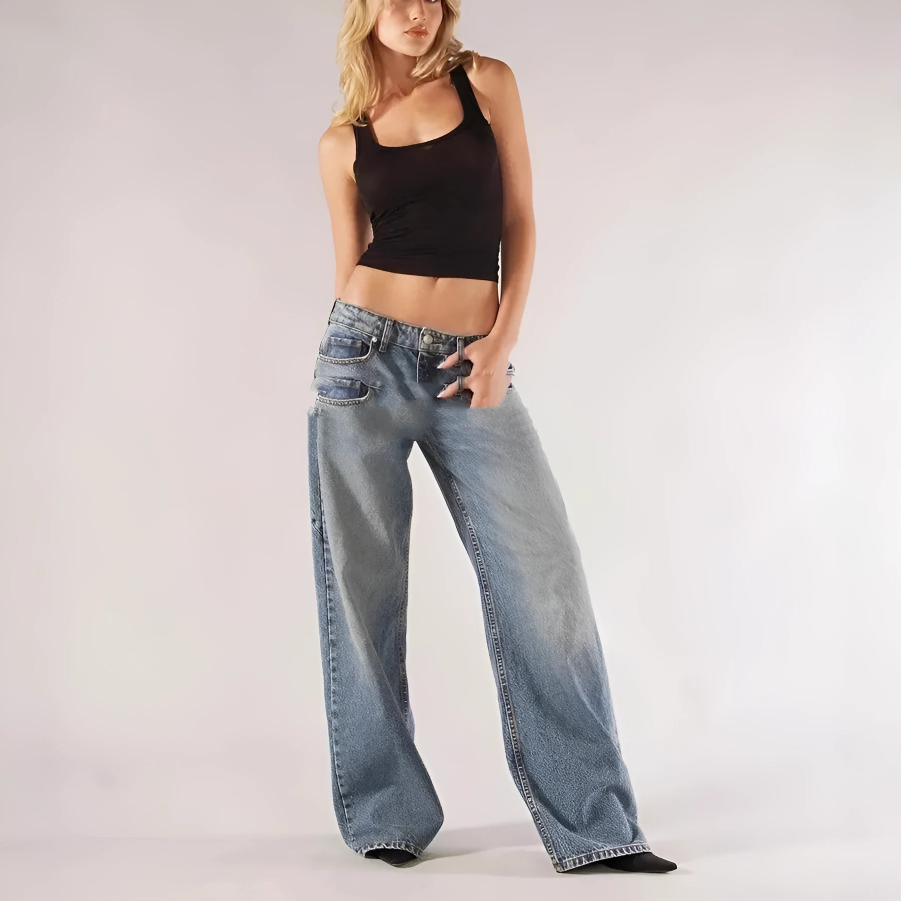 Cotton loose wide leg mop trousers with splicing stitching design in blue colour