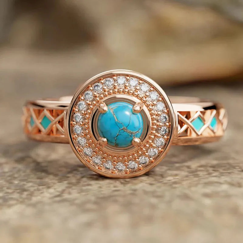 Women's turquoise geometric copper ring with zircon stone inlay in rose gold finish