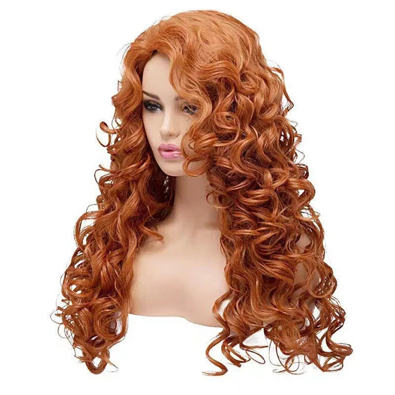 Brown and red long wavy curly wig with instant noodles fluffy texture for Halloween cosplay