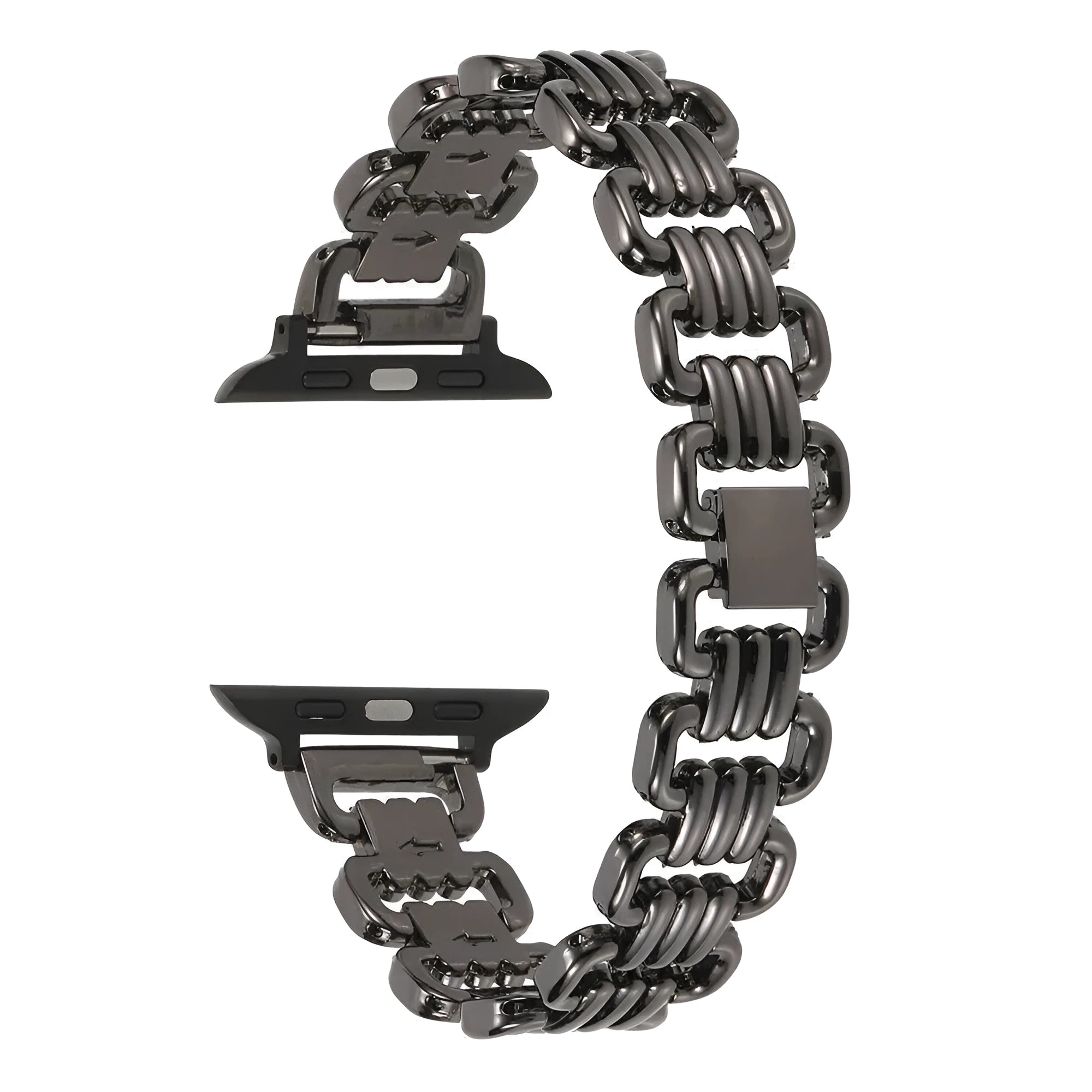 Alloy metal Apple Watch replacement band in silver, black, gold, rose gold, and starlight colours with adjustable clasp.