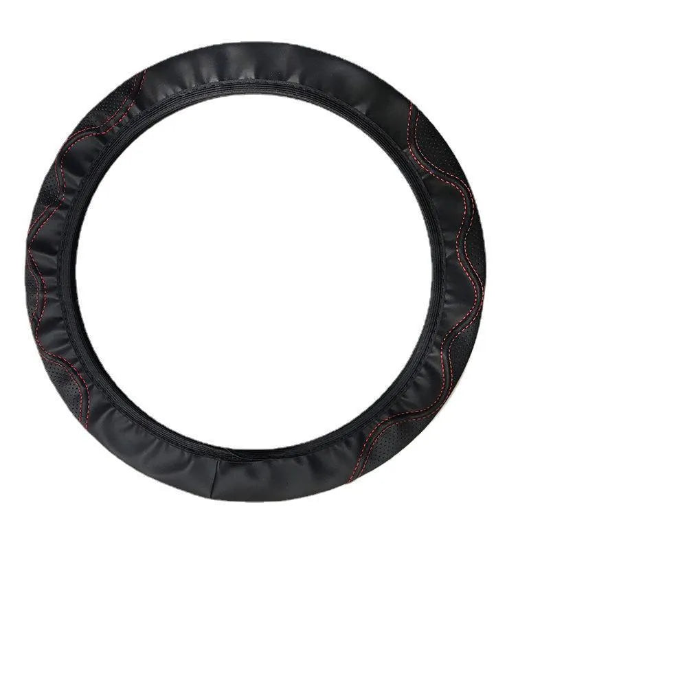 Black elastic PU leather steering wheel cover with an embossed corrugated pattern, shown fitted on a car steering wheel.