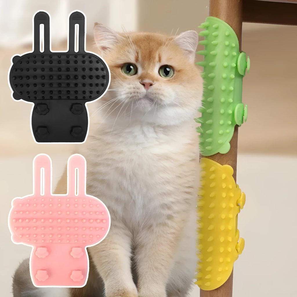 Adjustable silicone cat scratching brush mounted on table leg with rounded comb teeth for grooming