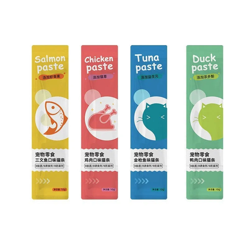 Pack of ten cat strip snacks for kittens in childhood stage with four flavour options