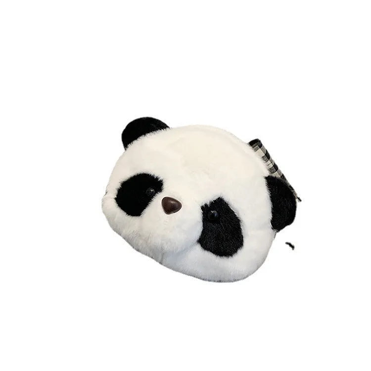 Soft plush crossbody bag with panda head design, cylindrical shape, and sandwich pocket