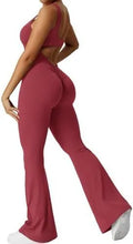 Women's sleeveless flare leg jumpsuit for yoga in high-elasticity polyester fabric.