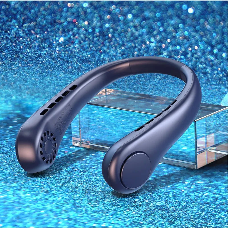 Portable bladeless neck fan in white hanging around neck with USB charging cable