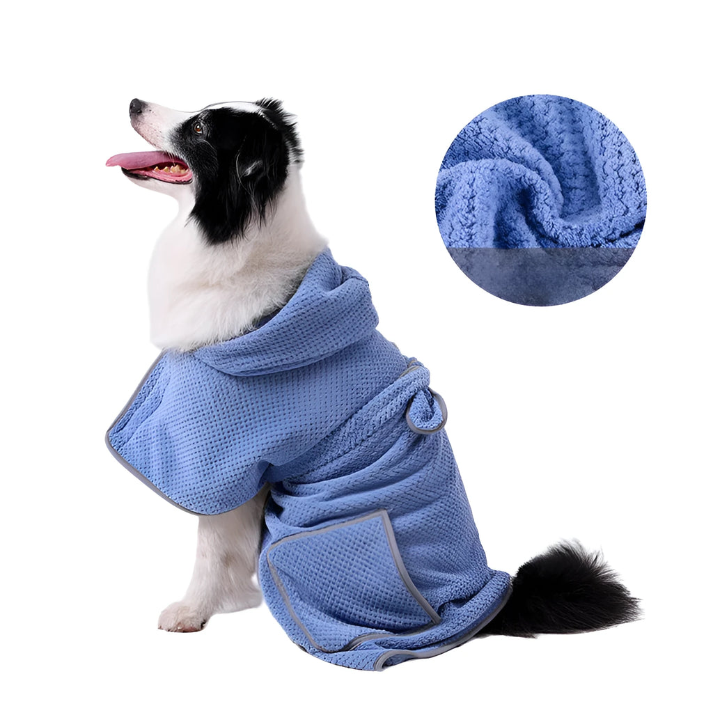 Blue quick drying dog bath robe towel with adjustable waistband placed on a fluffy mat