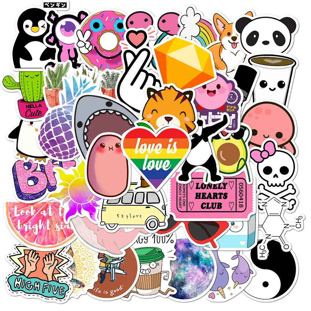 50 cartoon PVC waterproof stickers in assorted graffiti styles including astronaut, drink, and animal designs on a white background