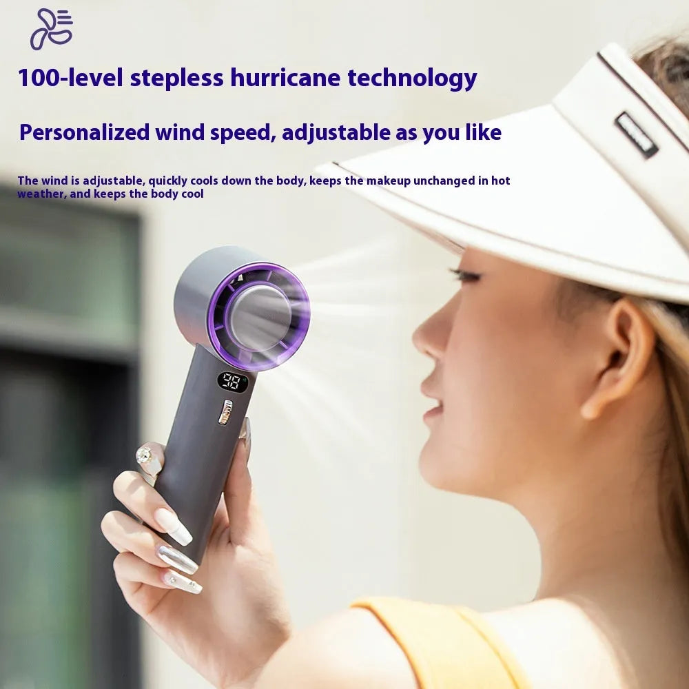 Portable handheld turbo fan with semiconductor cooling, 3000mAh battery, 58x60.5x170mm, in white