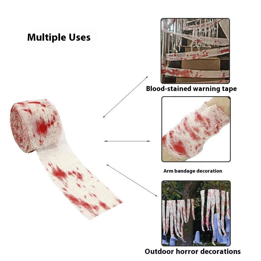 A roll of Halloween horror bandage with a bloody red dye or white colour, shown with a width of 8cm.