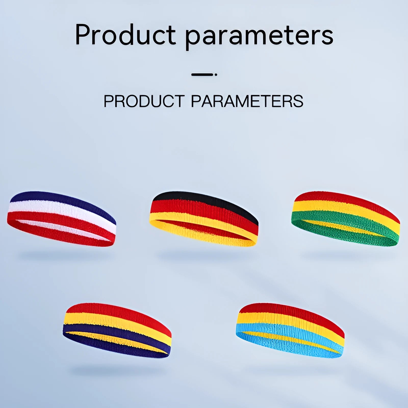 Colourful elasticated sports headband for adults, shown in multiple colour combinations, laid flat to show 5.5cm by 20cm dimensions.