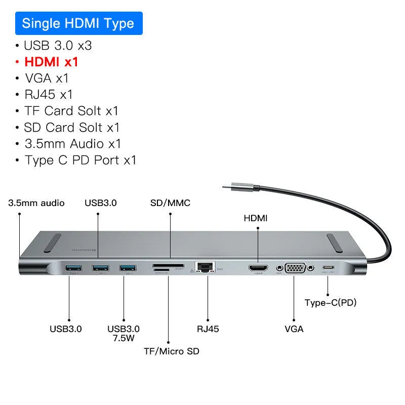 Black and grey aluminium USB-C hub docking station with ten ports and an integrated laptop cooling bracket.