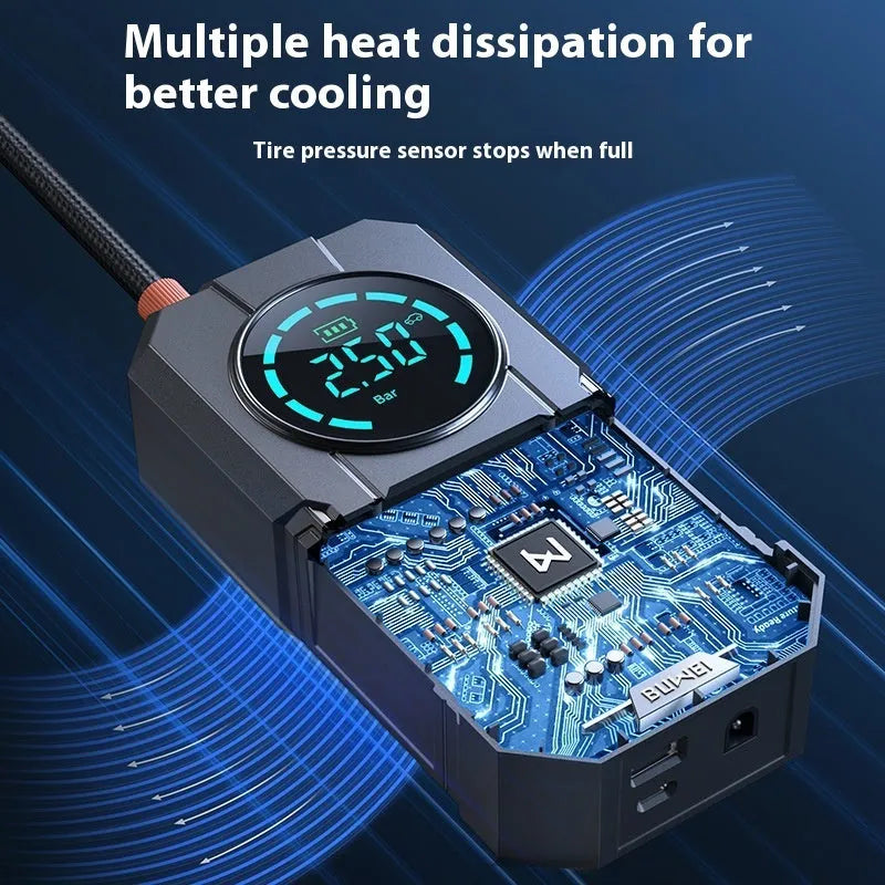 Car wireless portable air inflator with 80W power, ABS elastic paint finish, lighting, and USB charging
