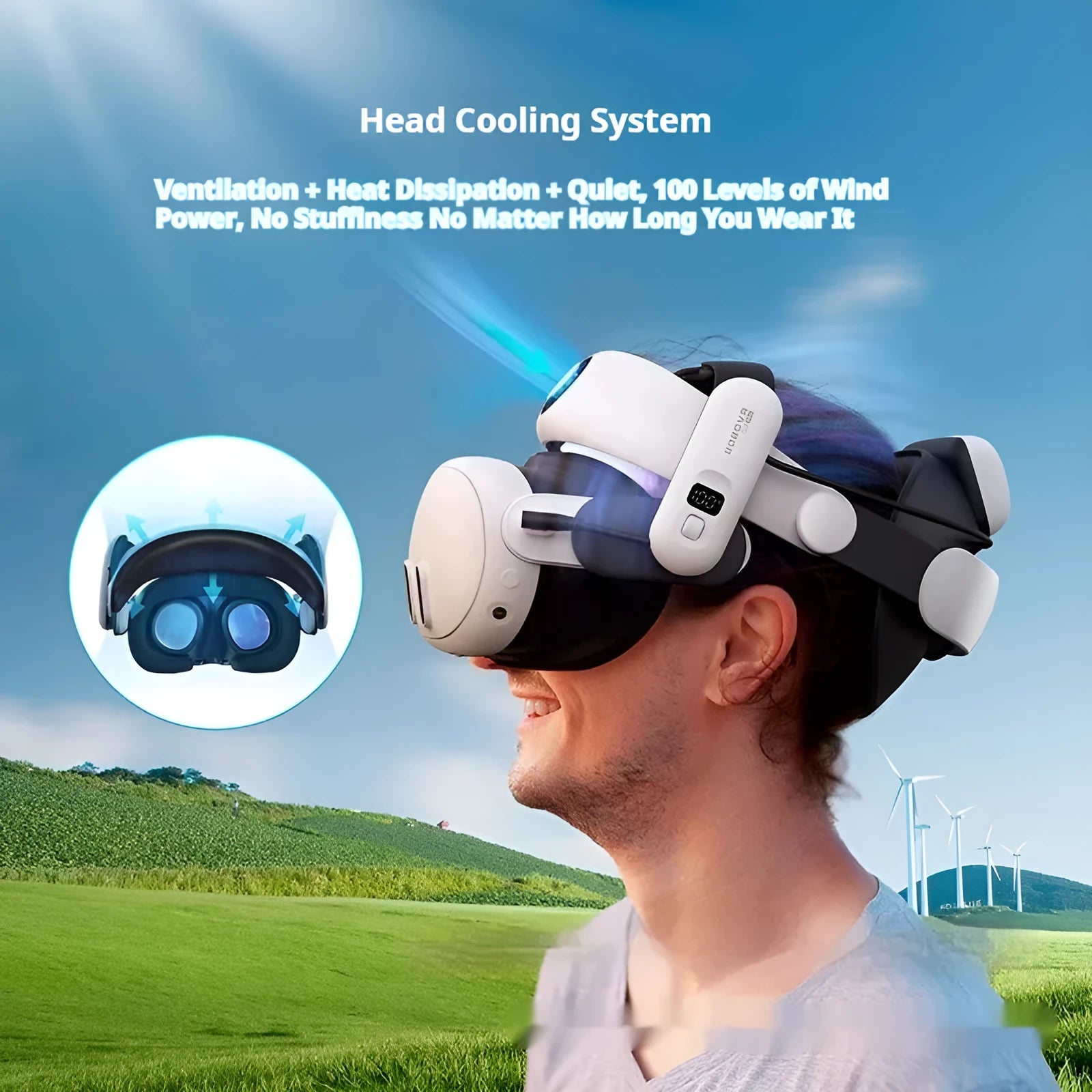 Multi-angle adjustable VR glasses headband with ABS sponge padding and included battery