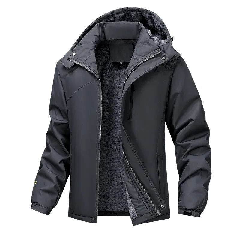 A plus size man wearing a loose-fitting hooded waterproof coat in army green