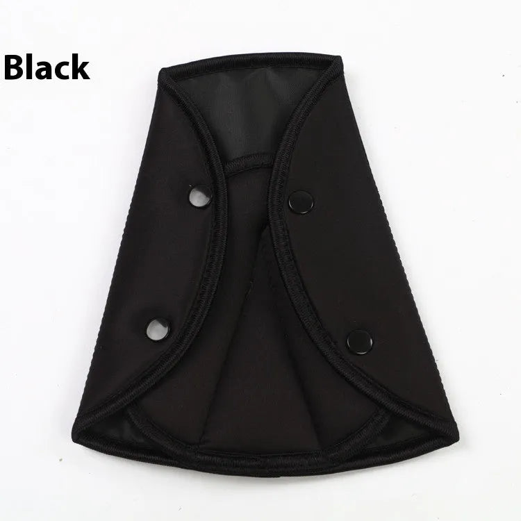 Polyester car children's seat belt holder in dark gray, size 20 cm by 24 cm, with black seat belt