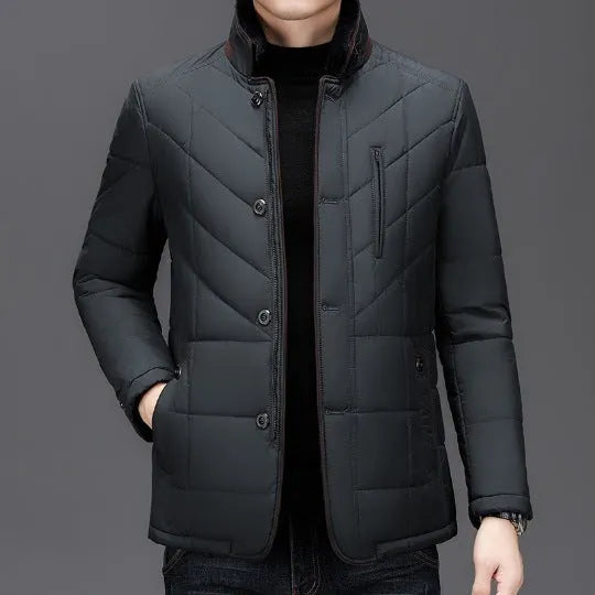 Men's winter short coat in dark blue with cotton padding and side seam pockets