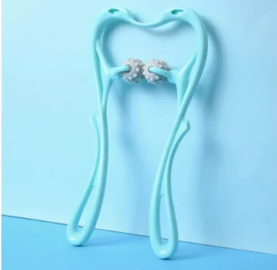 6-roller cervical neck massager in blue, ergonomic swan design, with 360° rotating massage balls and jade scraping board