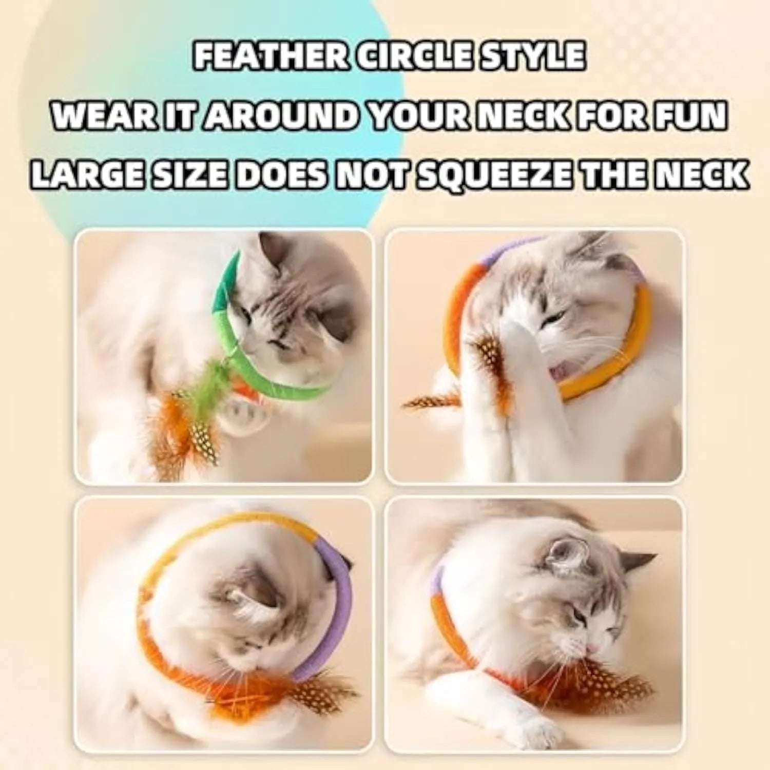 Green circular cotton rope cat toy with feathers and catnip for interactive play and dental cleaning