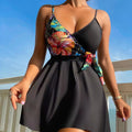 Black women's high waist briefs printed split bikini for sports and swimming.