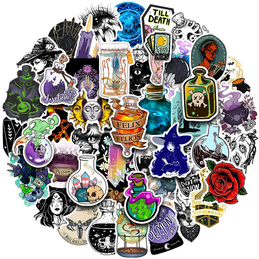 Pack of 50 assorted glossy waterproof PVC stickers for laptops and smooth surfaces.