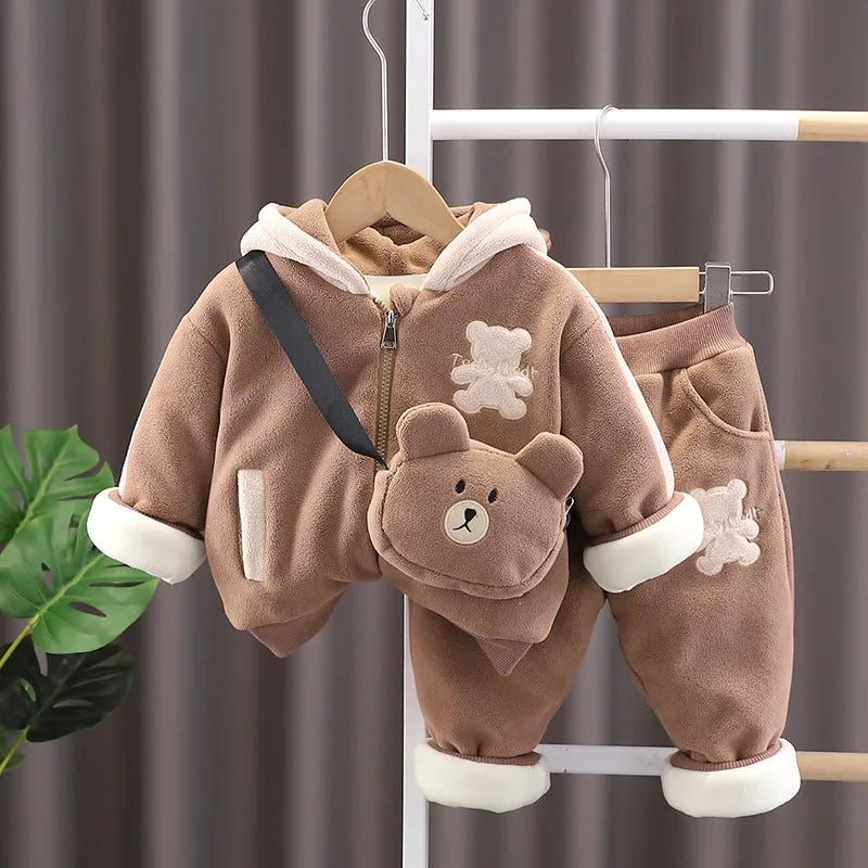 Padded hooded cotton baby winter coat set in beige with trousers, quilted zip-up Korean style