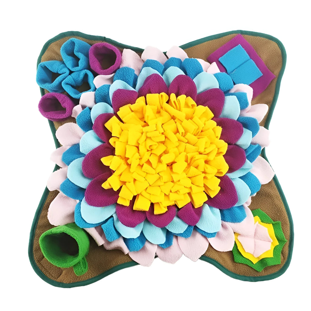 Sunflower-shaped fleece dog snuffle mat with suction cups on tile floor, size 50x50cm