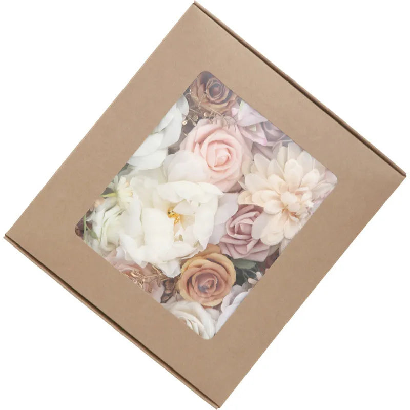 Silk flower bouquet in Lotus Pink Champagne Rose gift box with half-handmade arrangement on white background.