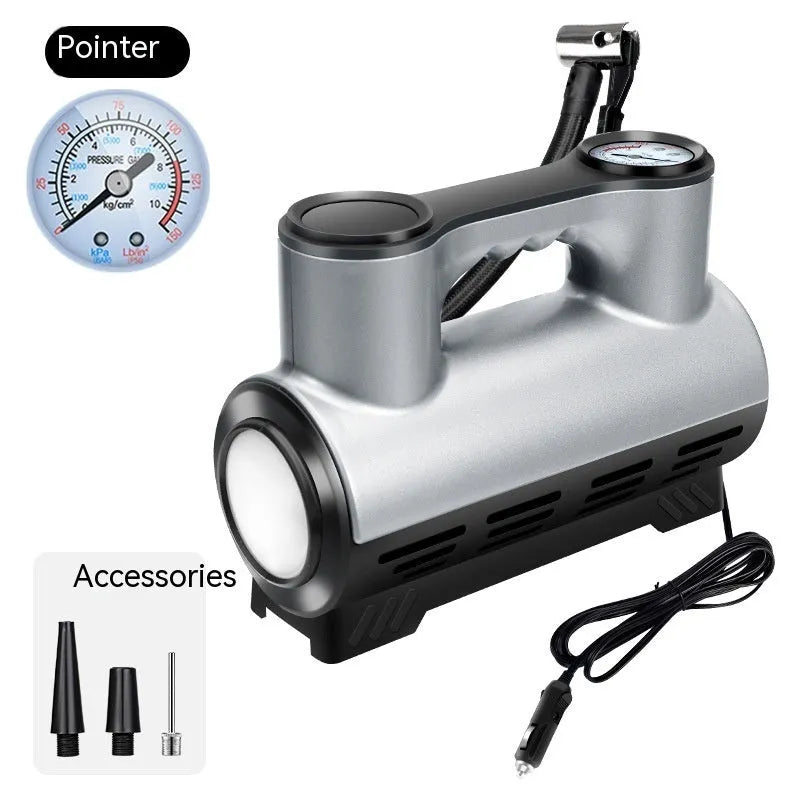 12V portable car tyre inflator with pressure gauge display options and three air nozzles
