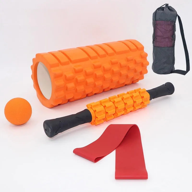 Black six-piece foam roller and massage bar set with 33cm stick for fitness recovery