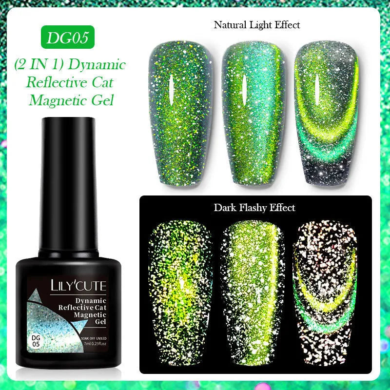 Cat eye nail polish gel bottles showing six colour options with diamond glitter fragments