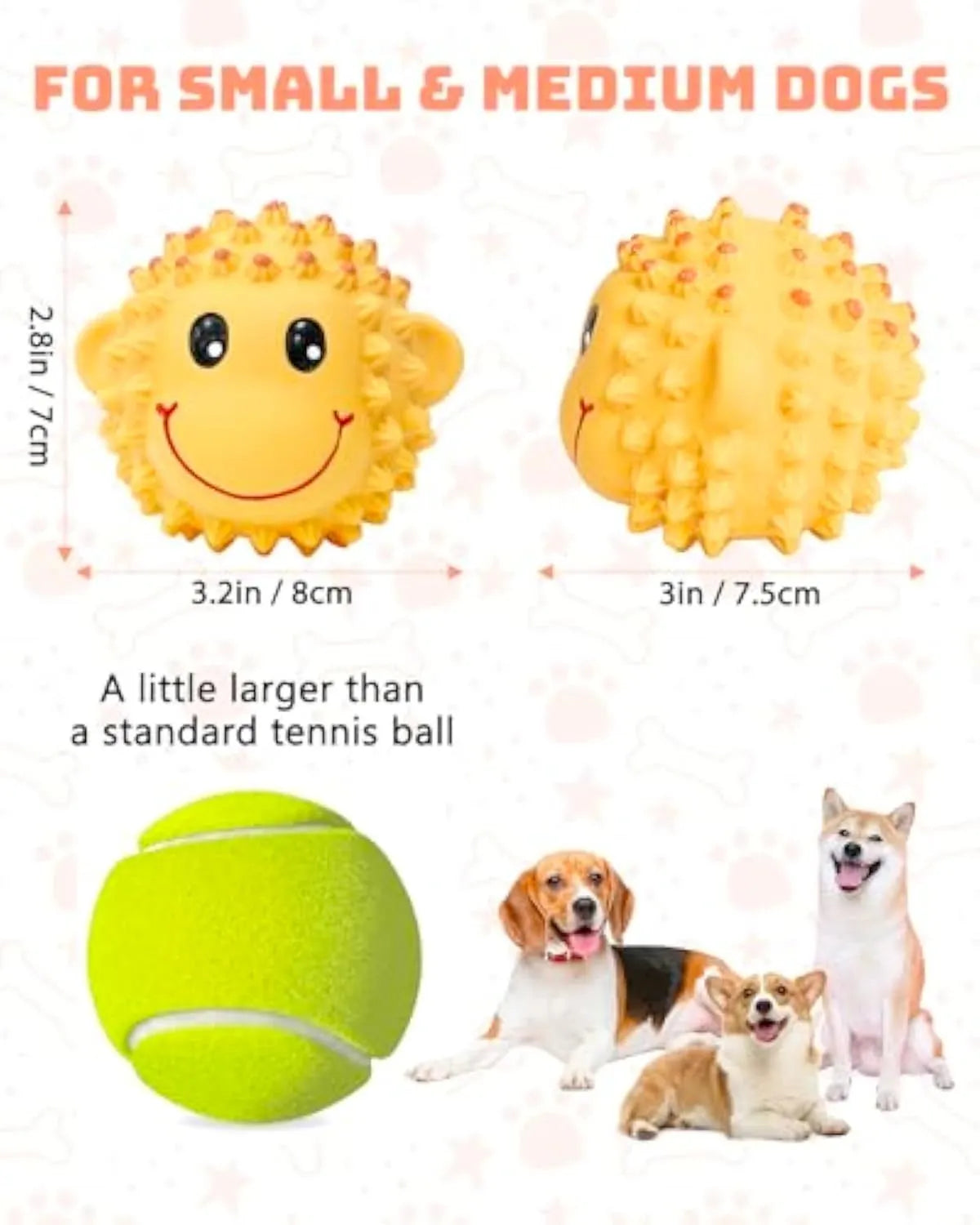 Orange and yellow spiky latex dog toy shaped like an animal with a squeaker inside