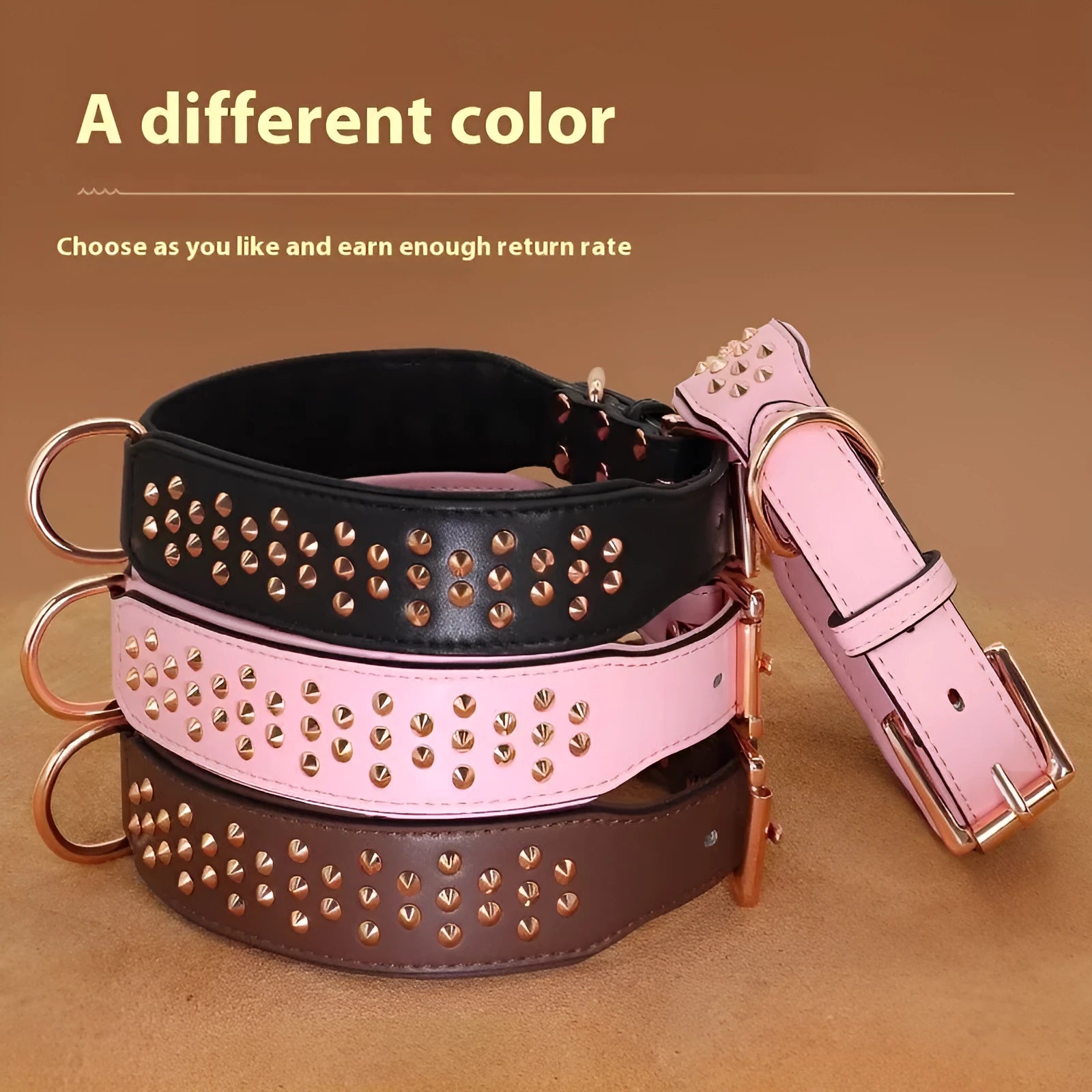 Leather dog collar with anti-bite rivets in black, chocolate, or pink colour options