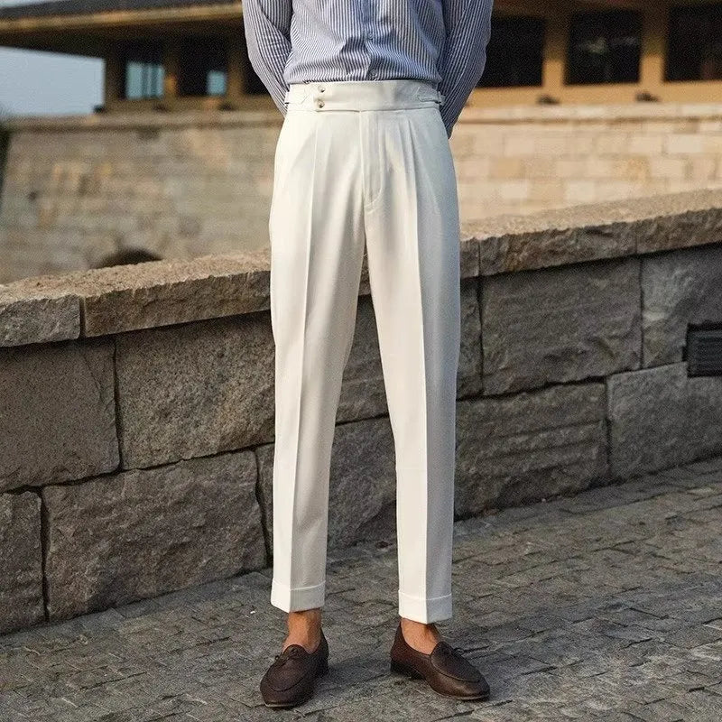Men's slim fit straight leg suit trousers in black, white or apricot colours with business formal styling